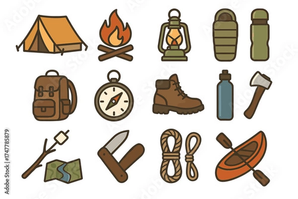 Fototapeta Camping essentials: tent, fire, lantern, sleeping bag, backpack, compass, boot, water bottle, axe, marshmallow, map, knife, rope, kayak
