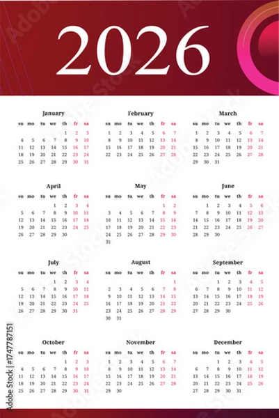 Fototapeta Modern and minimal 2026 calendar template with colorful wave design. Perfect for business, corporate, or personal use. Fully editable and printable layout
