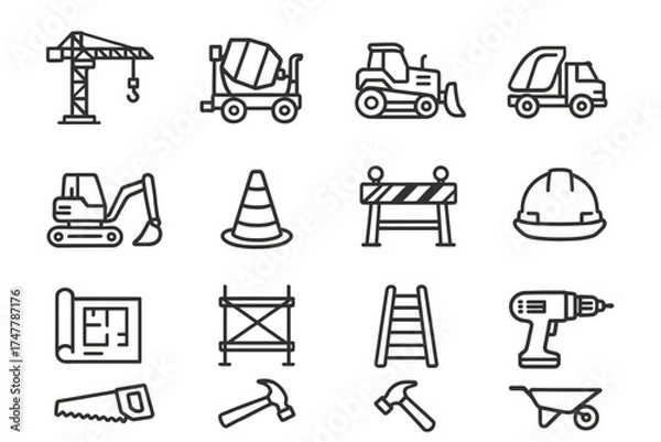Fototapeta Collection of construction icons featuring tools, vehicles, and equipment
