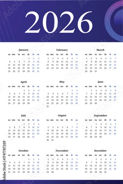 Fototapeta Modern and minimal 2026 calendar template with colorful wave design. Perfect for business, corporate, or personal use. Fully editable and printable layout