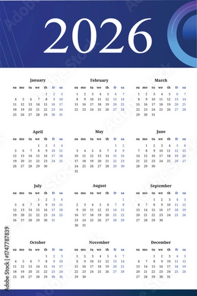 Fototapeta Modern and minimal 2026 calendar template with colorful wave design. Perfect for business, corporate, or personal use. Fully editable and printable layout