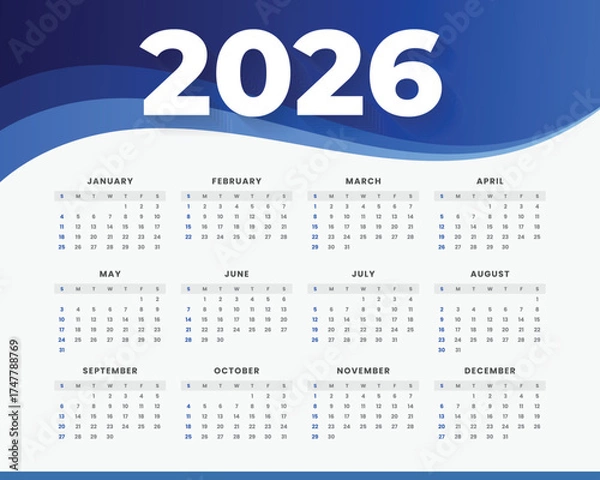 Fototapeta Modern and minimal 2026 calendar template with colorful wave design. Perfect for business, corporate, or personal use. Fully editable and printable layout