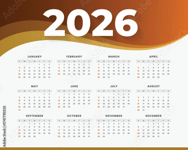 Fototapeta Modern and minimal 2026 calendar template with colorful wave design. Perfect for business, corporate, or personal use. Fully editable and printable layout