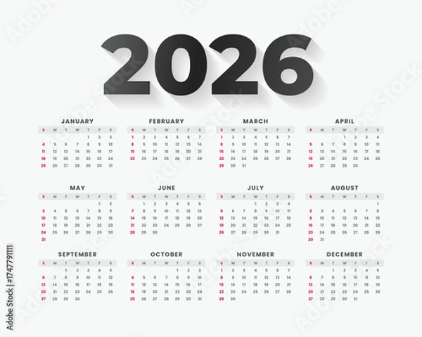 Fototapeta Modern and minimal 2026 calendar template with colorful wave design. Perfect for business, corporate, or personal use. Fully editable and printable layout