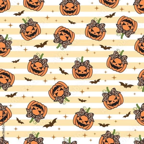 Fototapeta Pumpkin Devil with Bow Leopard seamless pattern