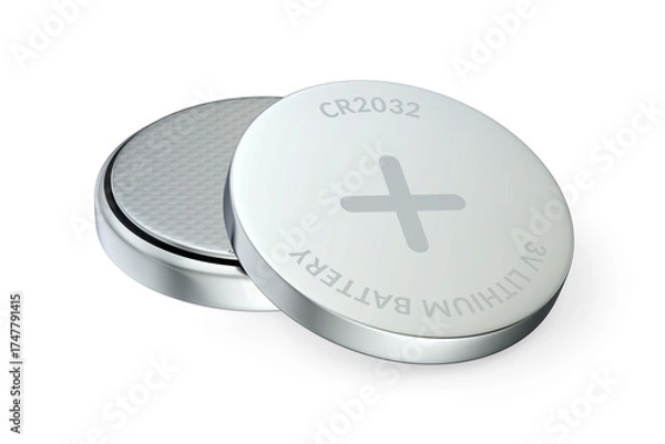 Fototapeta Two CR2032 lithium coin batteries on white background