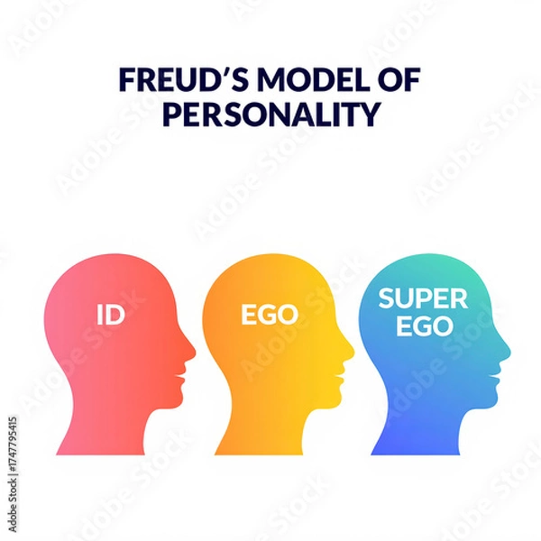 Fototapeta An infographic illustrating Freud's model of personality featuring three profiles labeled ID, Ego, and Super Ego in gradient colors