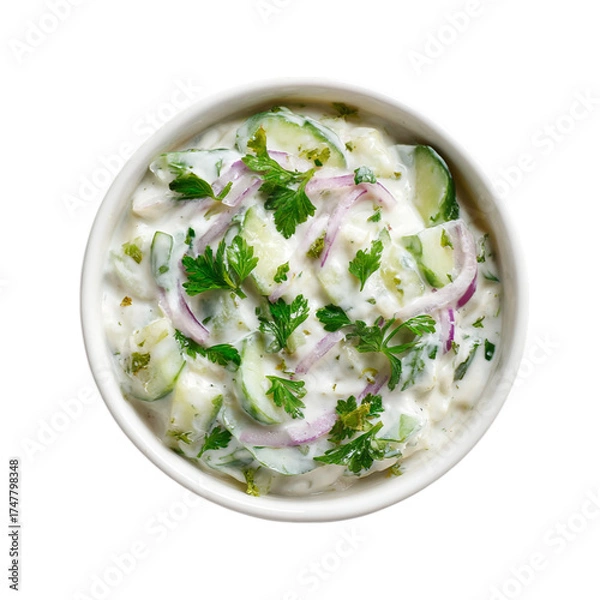 Fototapeta Creamy yogurt dip with cucumber onion and parsley on transparent background