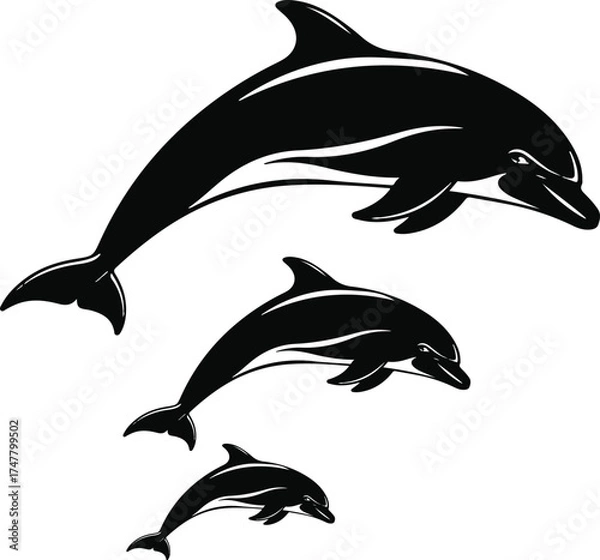 Fototapeta Vector art of silhouette of a dolphin jumping to reach a ball