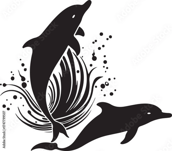 Fototapeta Vector art of two dolphins jumping out of water in silhouette
