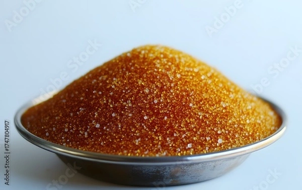 Fototapeta Pile of golden brown sugar crystals in a metal bowl close up view
