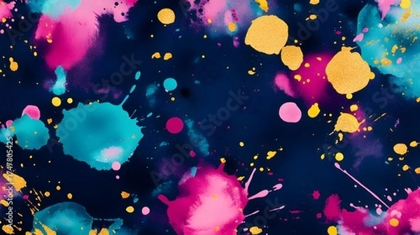 Fototapeta Abstract watercolor splatter background with vibrant colors on dark navy backdrop