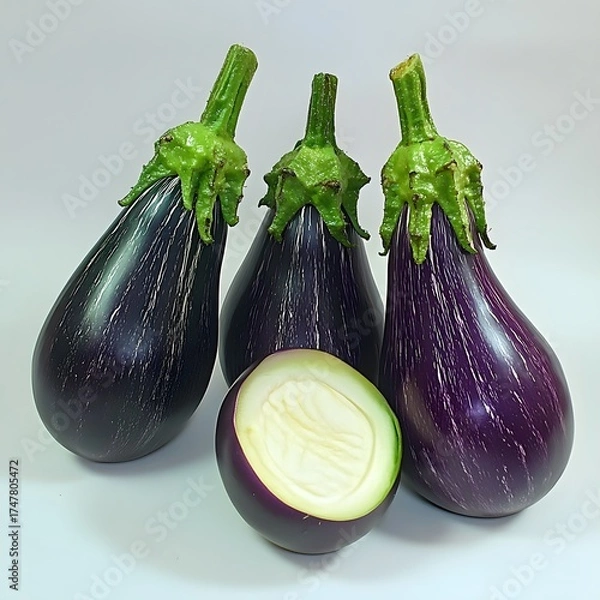 Fototapeta Fresh raw eggplants display with white background for healthy eating concept