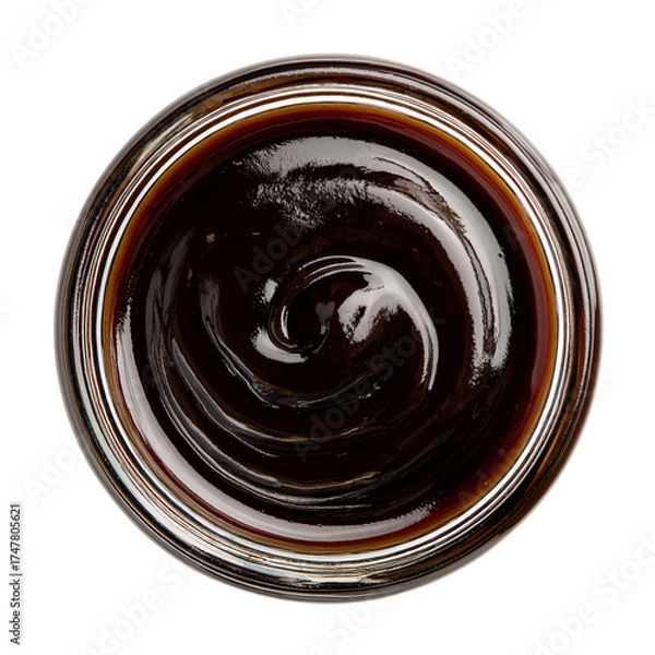 Fototapeta Dark Brown Sweet Sauce in Glass Bowl top view on transparent background
