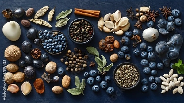 Fototapeta Healthy spices and berry fruits flat lay arrangement on dark background concept