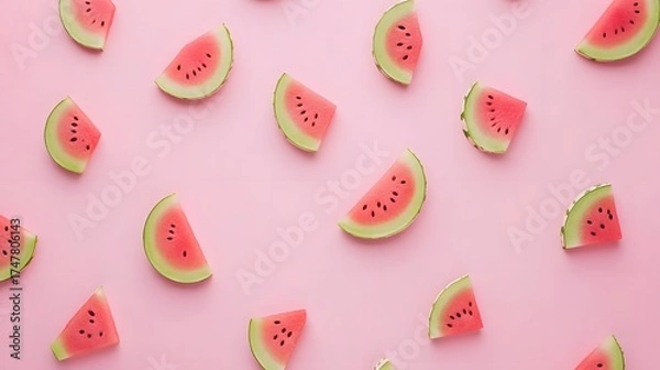 Fototapeta Watermelon slices arrangement on soft pink background creating vibrant and fresh summer food pattern
