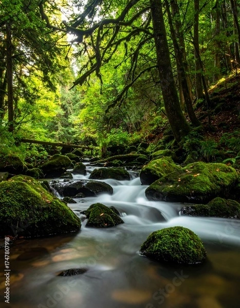 Fototapeta Tranquil stream flowing through a lush, vibrant green forest
