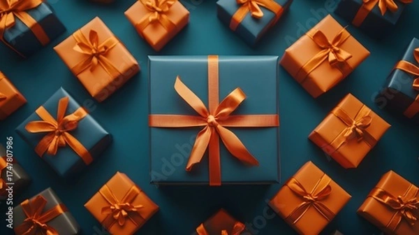 Fototapeta Elegant gift boxes with ribbons, festive and neatly wrapped presents for celebrations