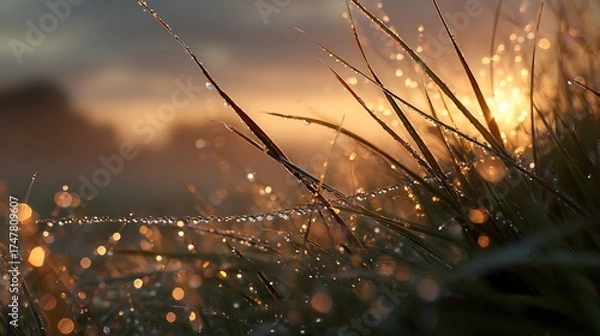 Fototapeta A close-up of dew-covered grass at dawn with rolling fog in the background and golden morning light