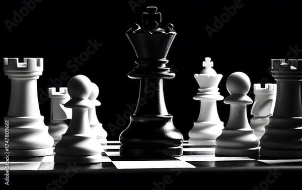 Obraz Dramatic Black King Chess Piece Surrounded by White Pieces