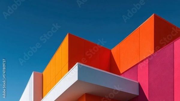Obraz Modern building with colorful geometric facade featuring bold orange pink and white elements