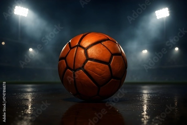 Fototapeta Close-up orange soccer ball on a wet stadium pitch at night, illuminated by floodlights with reflections on the ground. Dramatic sports scene with copy space.
