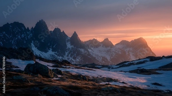 Fototapeta A cold mountain pass with patches of snow, jagged peaks, and a soft orange sunrise