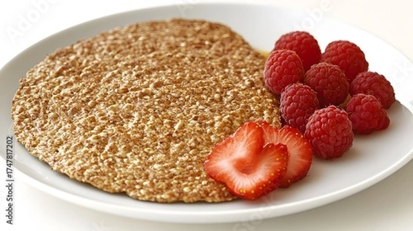 Fototapeta Healthy grain pancake with fresh raspberries and strawberry slices on plate