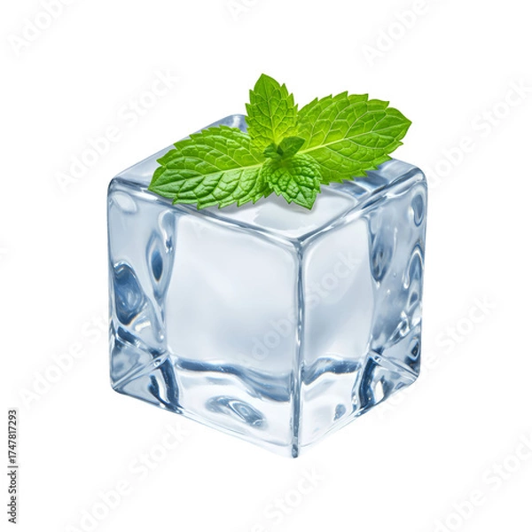 Obraz Isolated realistic ice cube with mint leaf top view