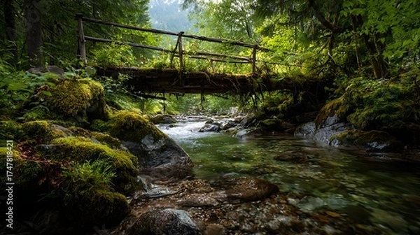Fototapeta A crystal-clear mountain stream flowing beneath an old wooden footbridge surrounded by green moss