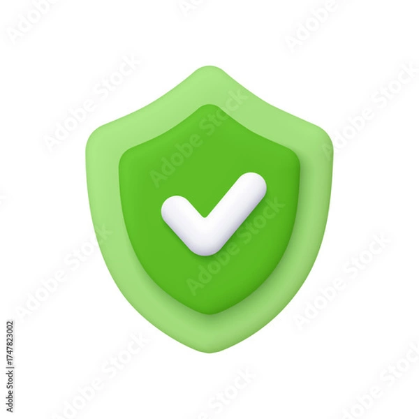 Fototapeta Green shield with a white check mark. Verified protection, security approval, safety confirmation, cybersecurity, antivirus software, and secure system concept. 3d vector icon. Cartoon minimal style.