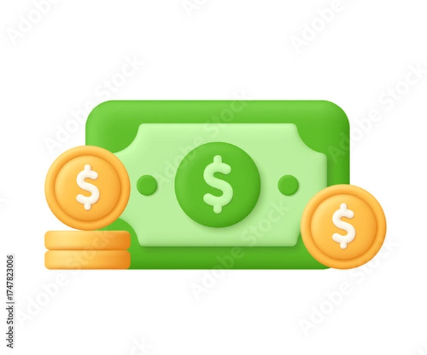 Fototapeta Green dollar banknote with golden coins and coin stack. Money, financial services, savings, investment, banking, stock market and digital economy concept. 3d vector icon. Cartoon minimal style.