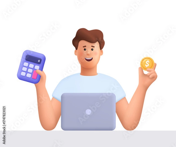 Fototapeta Young smiling man James working on laptop holding calculator and dollar coin. Business, finance, accounting, tax and budget planning concept. 3d vector people character. Cartoon minimal style.