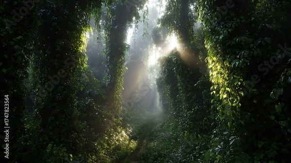 Fototapeta A dense canopy rainforest path with sunlight breaking through mist and thick green vines overhead