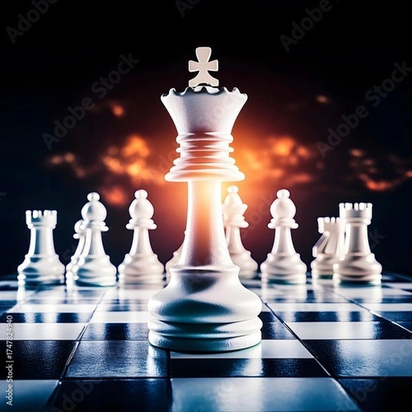 Obraz Dramatic White Chess Queen on Board, Strategy Game