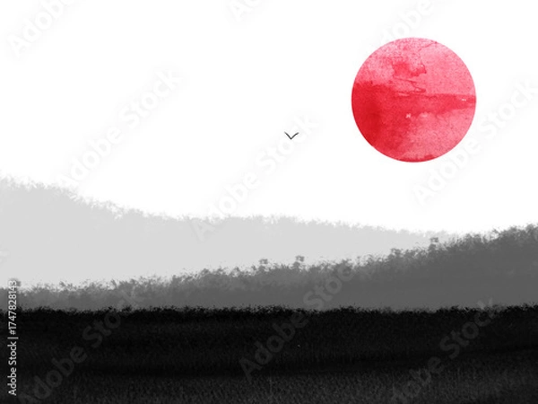 Obraz watercolor minimal oriental ink wash painting abstract landscape black mountain fog and red sun with bird traditional japan asian sumi-e art style. isolated on a white background.
