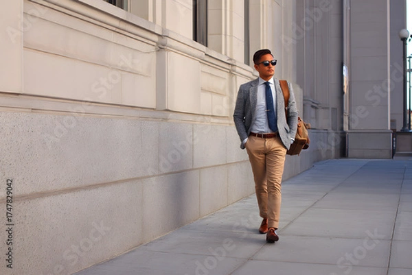 Obraz Urban Stroll of a Professional: A well-dressed individual strides confidently along the sidewalk beside a grand building, embodying urban sophistication and professional demeanor.