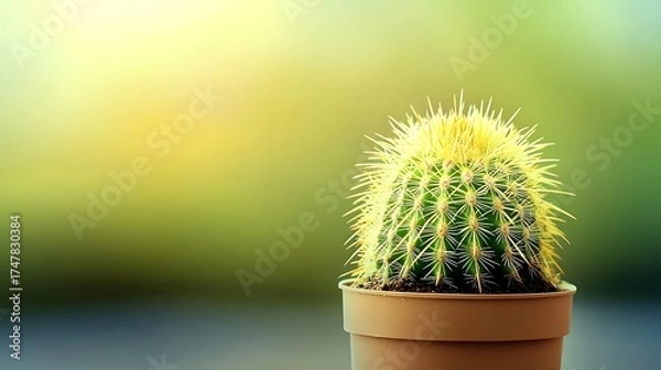 Fototapeta Close-up of a potted cactus with yellow thorns on a gradient background