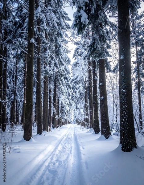 Obraz Winter forest trail lined by snow-covered trees