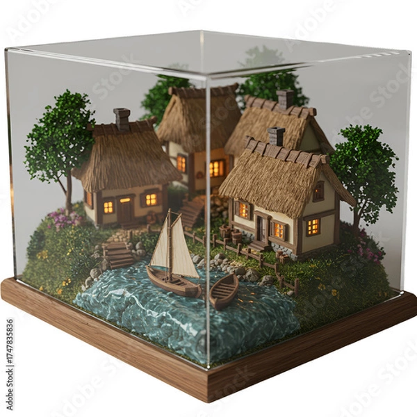Obraz Realistic 3D Diorama Village Scene Miniature Island With Sailboat
