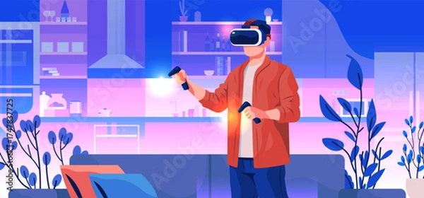 Fototapeta Man using virtual reality headset gaming controllers modern kitchen interior plants sofa colorful futuristic home entertainment