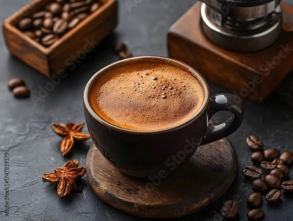 Obraz Dark Espresso Coffee Cup Beans Grinder Aromatic Drink