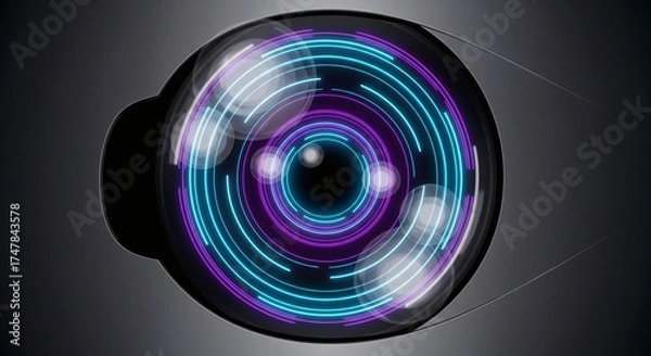 Fototapeta Abstract digital eye with glowing blue and purple concentric circles on a dark background representing future vision and data.