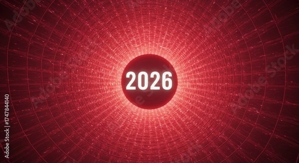 Fototapeta 2026: Futuristic Digital Data Visualization: A vibrant digital illustration showcasing the year 2026 encircled in a captivating vortex of data streams.