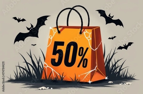 Fototapeta Spooky halloween shopping bag with 50% discount amid flying bats and cobwebs