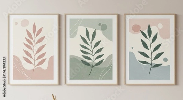 Fototapeta Abstract Botanical Art: Modern, minimalist aesthetic of framed art, showcasing plant leaves in soft, muted colors and organic shapes, perfect for contemporary home decor and design. 