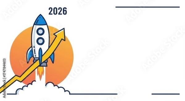 Fototapeta Rocket Towards Future: A stylized illustration of a rocket ascending, with an upward-trending arrow, symbolizing growth and innovation, pointing towards the year 2026.