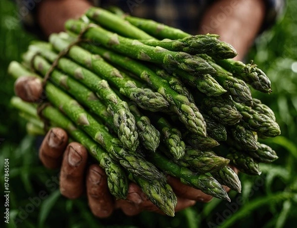 Fototapeta Freshly harvested green asparagus held in hands, showcasing vibrant colors and textures, surrounded by lush greenery, representing organic farming and healthy eating lifestyle
