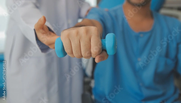 Obraz Physiotherapist man giving exercise with dumbbell treatment About Arm and Shoulder of athlete male patient Physical therapy concept