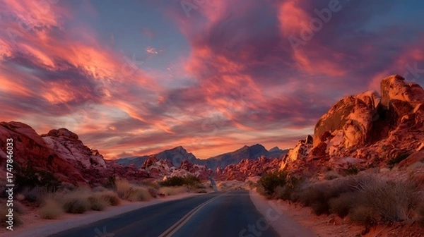 Fototapeta A long empty road leading through colorful desert rock formations at sunset with dramatic sky colors